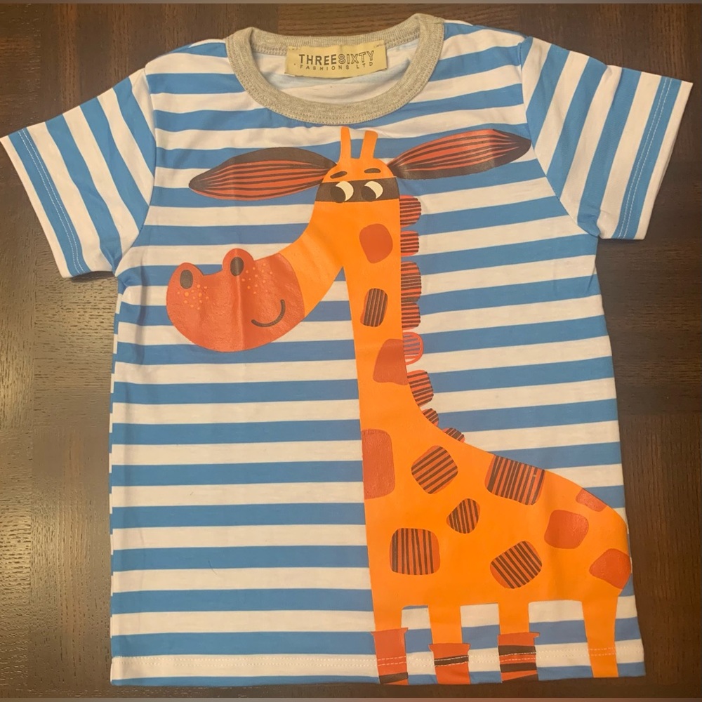 River Island Blue & White Stripe Giraffe T-Shirt, Size 12-18 Mnth